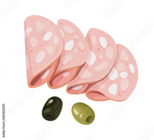 Sliced mortadella with green and black olives