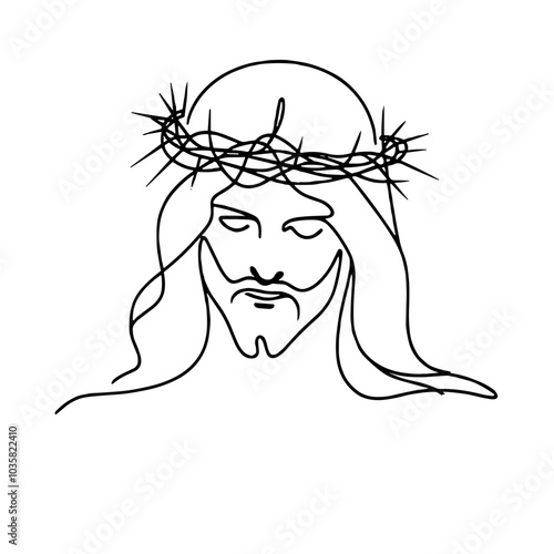 Portrait of Jesus wearing a crown of thorns, simple continuous black line drawing, minimalistic, single unbroken line, vector, transparent background