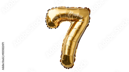 A shiny gold foil number 7 (seven) balloon floats in a neutral space isolated on white 