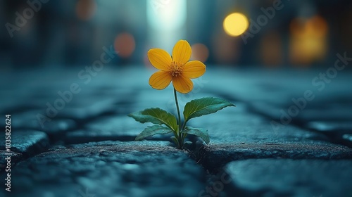 Fototapeta Naklejka Na Ścianę i Meble -  small flower bravely growing through a crack in the street symbolizing resilience and natures tenacity against urban settings illuminated by soft light capturing a moment of beauty