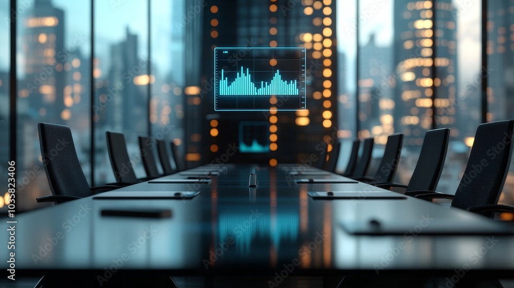 Modern conference room with data visualization screens and city view. Modern conference room with data visualization screens and city view.