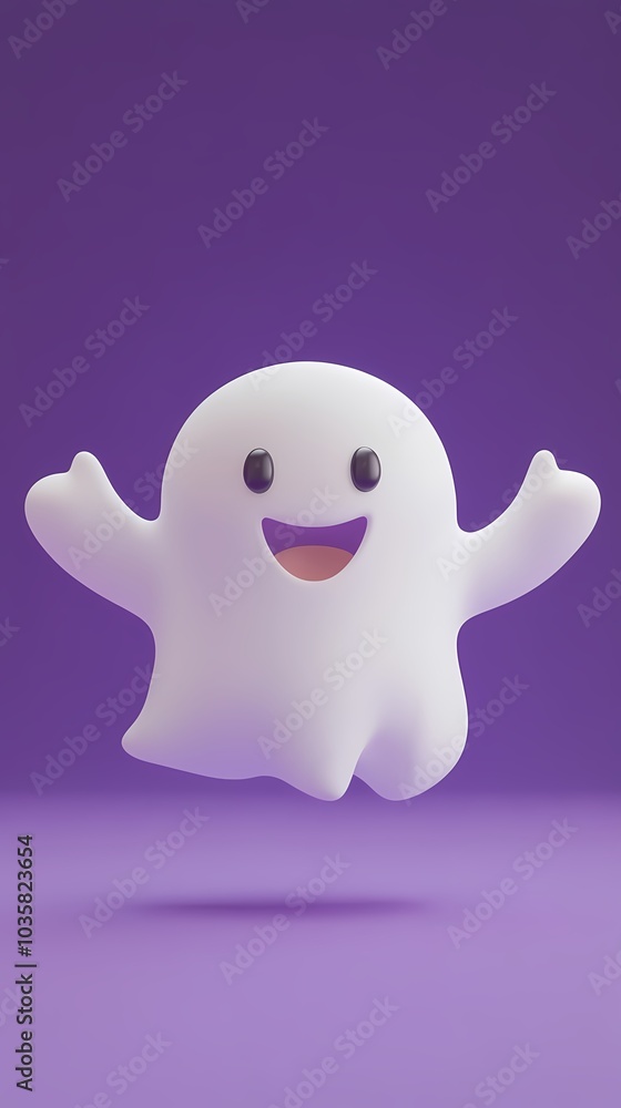 A cheerful, cartoonish ghost character with a big smile against a purple backdrop. A cheerful, cartoonish ghost character with a big smile against a purple backdrop.