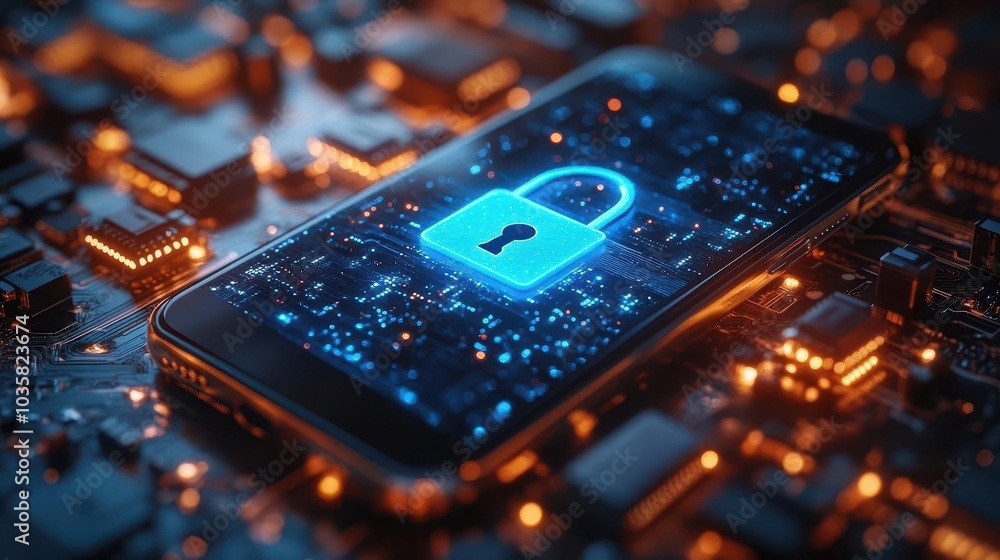 smartphone displaying a cybersecurity lock icon against a sophisticated digital circuit background emphasizing modern security measures in technology and data safety smartphone displaying a cybersecurity lock icon against a sophisticated digital circuit background emphasizing modern security measures in technology and data safety