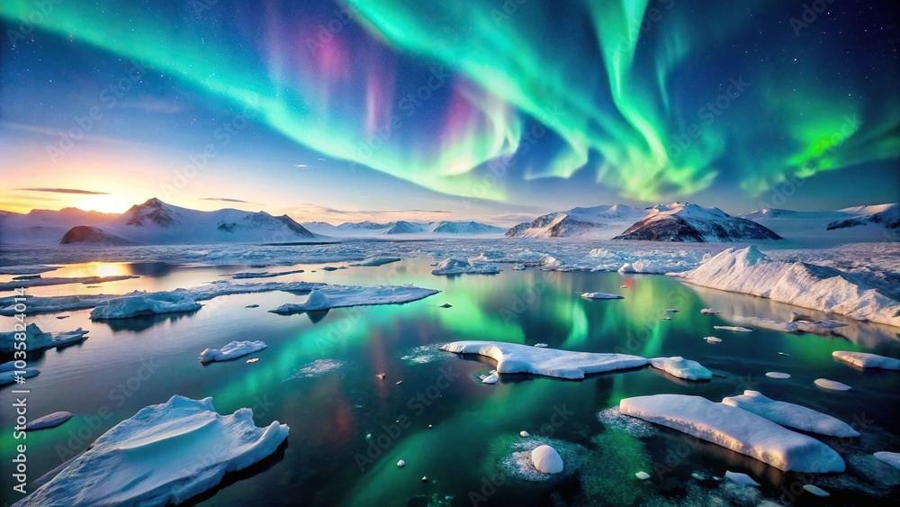 Naklejka premium Aerial arctic landscape with floating icebergs and northern lights
