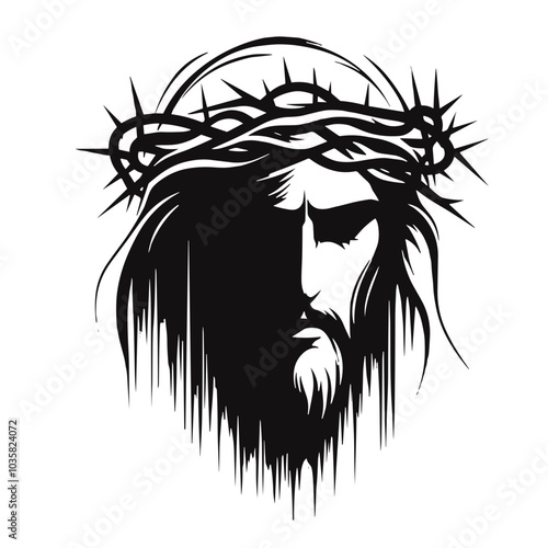 A black and white silhouette of Jesus wearing a crown of thorns, minimalist stroke, minimalist art style, vector, isolated, transparent background