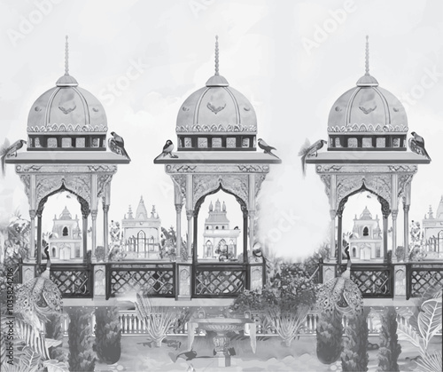 Adobe IlAncient Mughal garden, arch, lake, peacock, bird vector illustration Indian traditional art prints lustrator Artwork