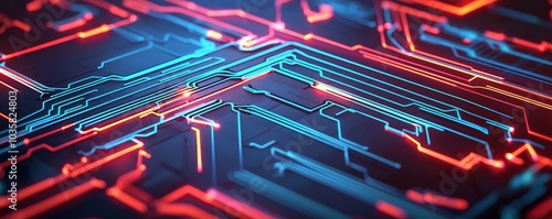 Abstract circuitry design with vibrant neon colors in a digital matrix.