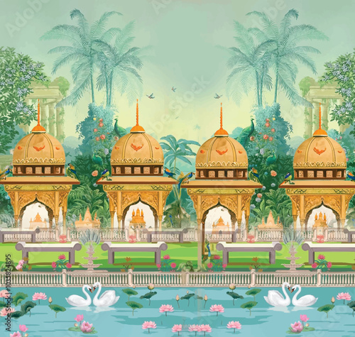 Adobe IlAncient Mughal garden, arch, lake, peacock, bird vector illustration Indian traditional art prints lustrator Artwork
