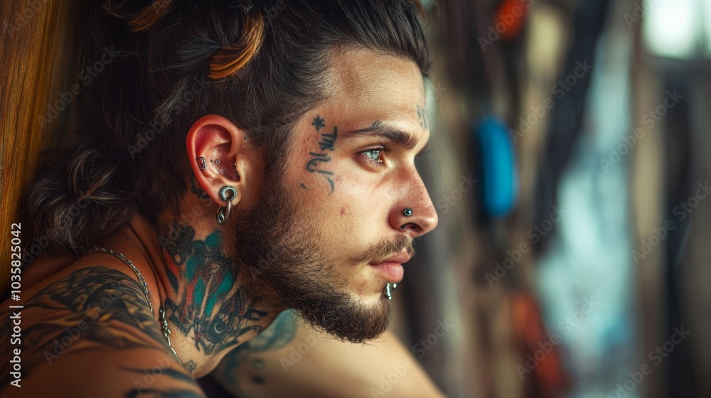 An individual with visible tattoos and piercings expressing their style An individual with visible tattoos and piercings expressing their style