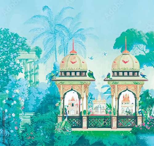 Adobe IlAncient Mughal garden, arch, lake, peacock, bird vector illustration Indian traditional art prints lustrator Artwork