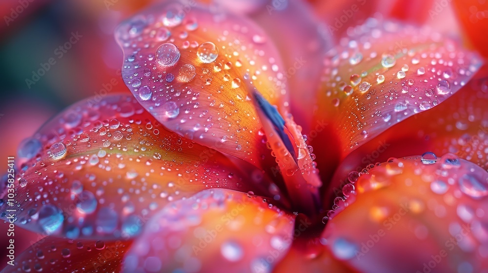 Close-Up of Vibrant Red and Orange Flower Petals with Dew Drops in Macro Photography Close-Up of Vibrant Red and Orange Flower Petals with Dew Drops in Macro Photography