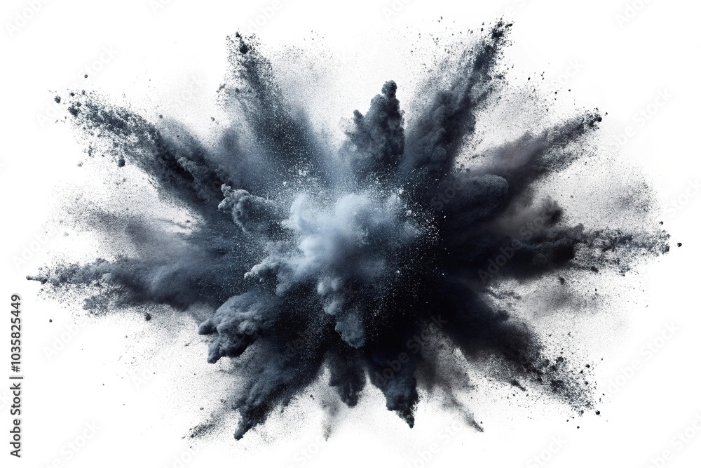 Aerial black chalk pieces and powder explosion isolated on white background Aerial black chalk pieces and powder explosion isolated on white background
