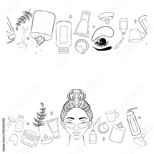 Spa background with creams, skin care bottles, candles, girl face/ eye patches, flower, candle, towel. Minimal vector banner, seamless border, signboard, poster.  line art sketch for spa background.

