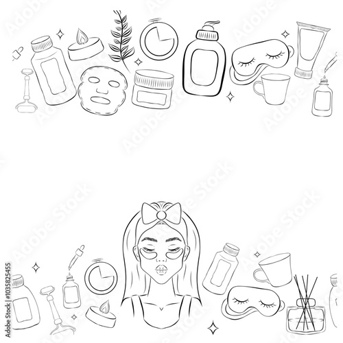 Vector seamless pattern border of different outline bottles, tubes, flacons, cosmetic products in line style. Texture on theme beauty industry, skin care, hygiene products, toiletries

