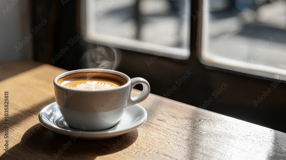 Fototapeta premium Cup of steaming coffee on a wooden table by a sunlit window.