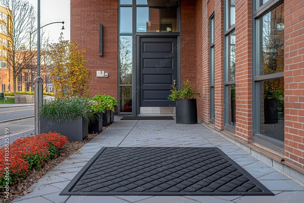 Black Doormat Outside Modern Brick Building Entrance Black Doormat Outside Modern Brick Building Entrance