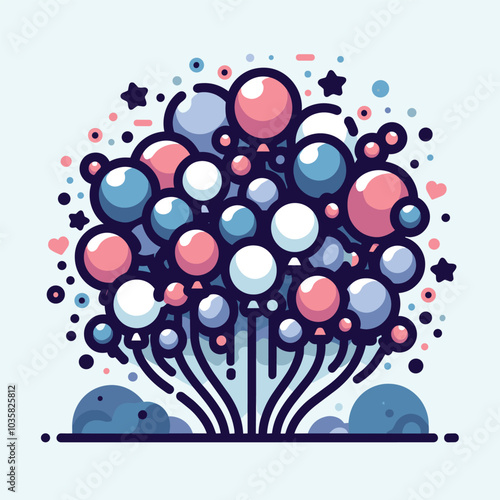 Colorful abstract modern balloon cluster with stars and hearts design