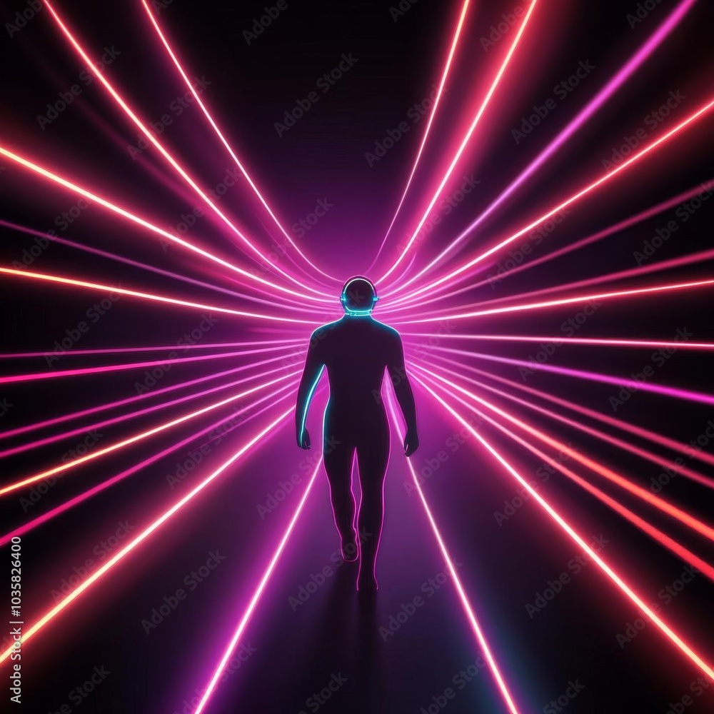 Cybernetic traveler, time distortion field, neon trails, dark background Cybernetic traveler, time distortion field, neon trails, dark background