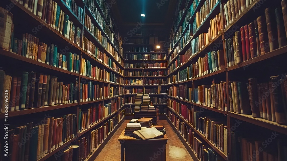 Aisle of Knowledge: Rows of Books in an Old Library Aisle of Knowledge: Rows of Books in an Old Library