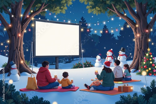  Outdoor Christmas Movie Night with Family by Snowman and Tree