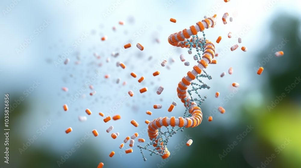 A detailed illustration of a DNA mutation, showcasing the change in DNA sequence and its potential impact on gene expression. A detailed illustration of a DNA mutation, showcasing the change in DNA sequence and its potential impact on gene expression.