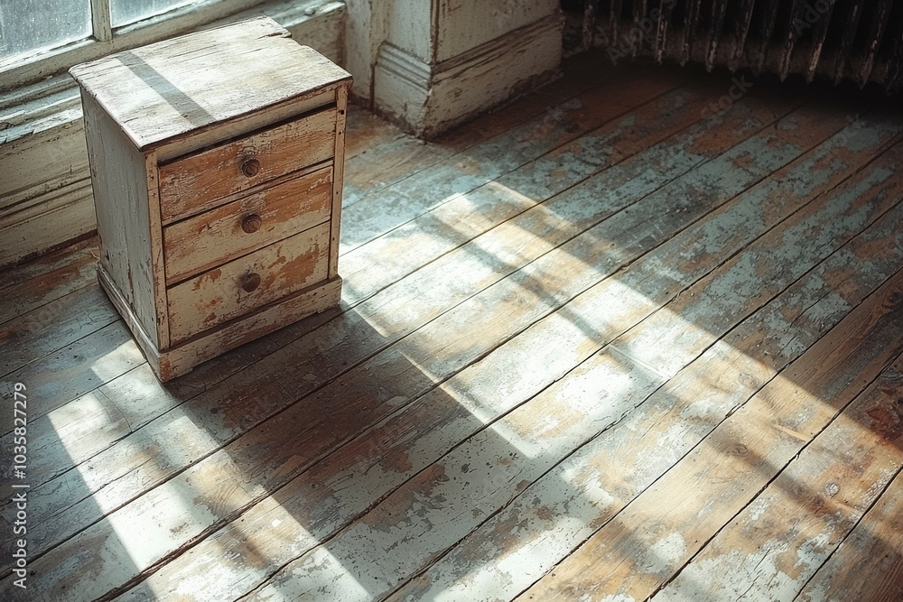 Old White Wooden Nightstand Against Worn Wood Floor Old White Wooden Nightstand Against Worn Wood Floor