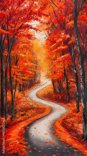 A picturesque autumn scene of trees adorned with vibrant red and orange leaves, creating an enchanting backdrop for nature lovers who enjoy walking along