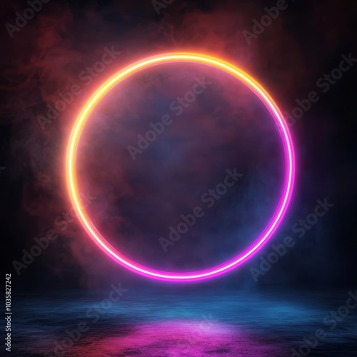 Floating time ring, bright neon, dark sci-fi backdrop, cosmic glow