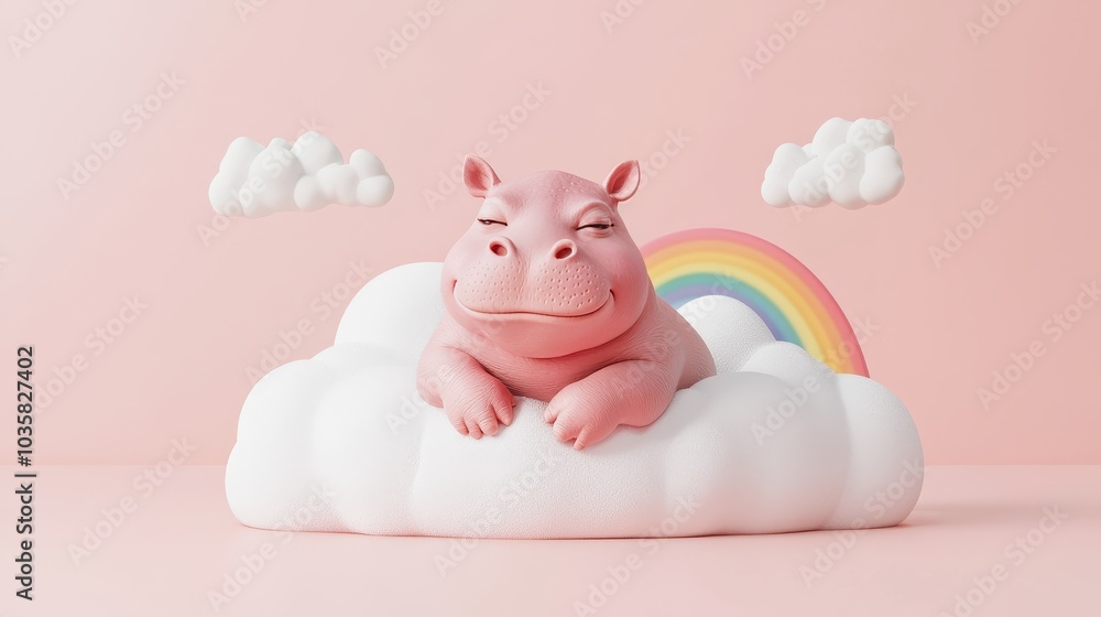 Cute hippo relaxing on a cloud with a rainbow a whimsical scene of joy and serenity in a playful world Cute hippo relaxing on a cloud with a rainbow a whimsical scene of joy and serenity in a playful world