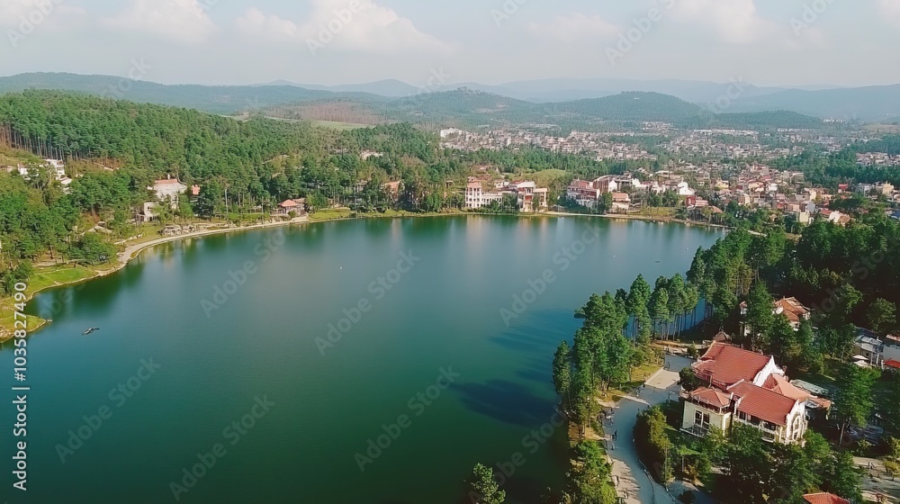 Aerial View of a Tranquil Lake Surrounded by Lush Green Forest Aerial View of a Tranquil Lake Surrounded by Lush Green Forest