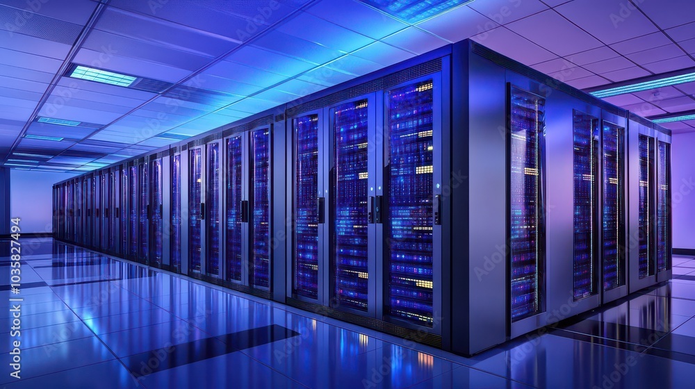Modern Data Center with Blue LED Lighting Modern Data Center with Blue LED Lighting