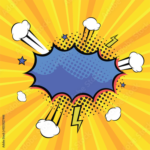 boom pop art style speech bubble comic background with clouds and stars, cartoon vector illustration speech balloon
