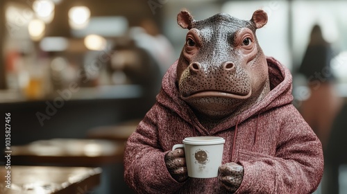 A hippo enjoys a morning coffee a unique blend of animal charm and relaxation in a cozy café setting