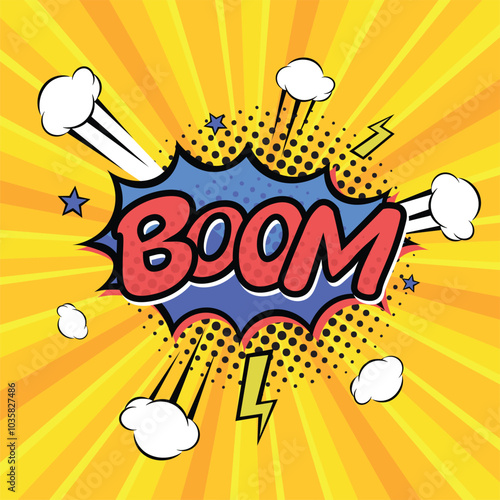 boom pop art style speech bubble comic background with clouds and stars, cartoon vector illustration speech balloon
