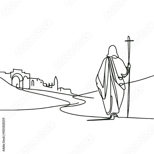 Way to Jerusalem, simple continuous black line drawing, minimalistic, single unbroken line, vector, transparent background 