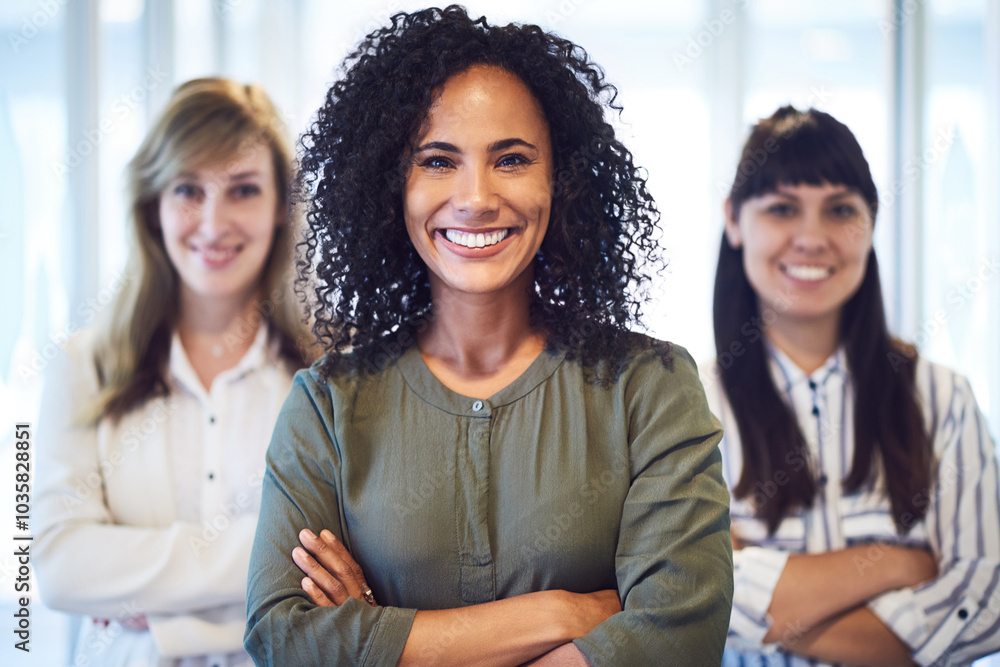 Obraz premium Women, portrait and staff with arms crossed in office, solidarity and diversity in company. Business people, team of experts and confident in consulting on opportunity, leadership and mission support
