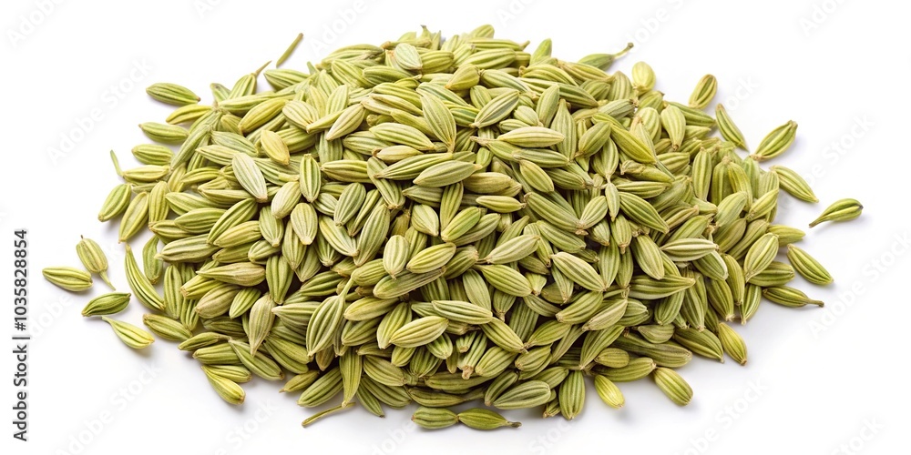 Aerial close-up of Fennel seeds isolated on white background Aerial close-up of Fennel seeds isolated on white background