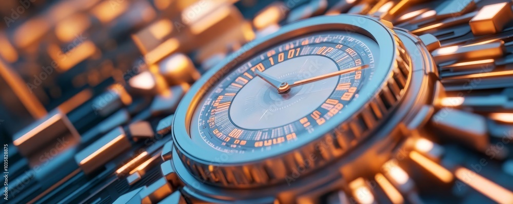 Fototapeta premium Holographic time data, futuristic cityscape, metallic accents