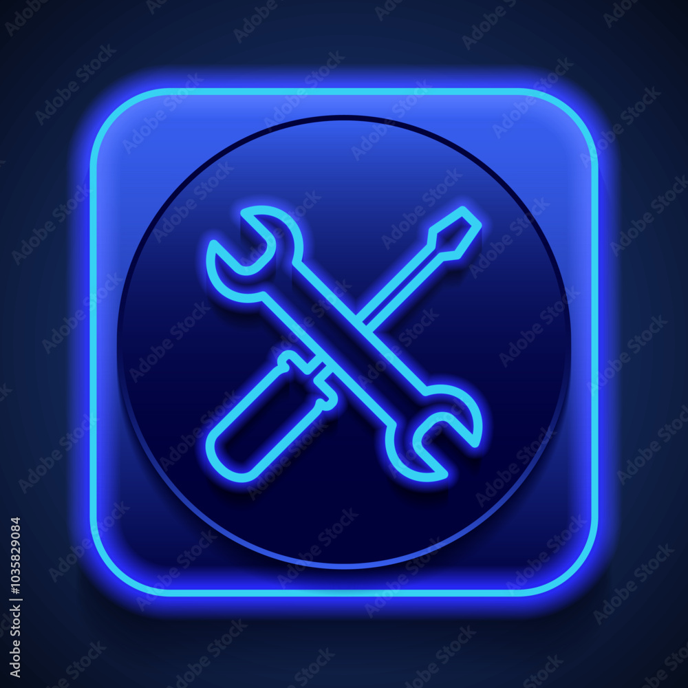 Repair simple icon vector. Flat design. Blue neon style on button. With shadow Repair simple icon vector. Flat design. Blue neon style on button. With shadow