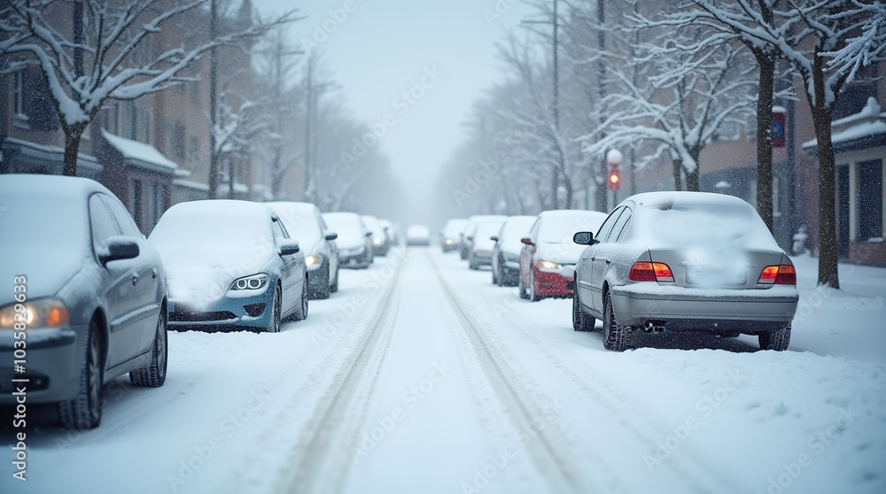 Cars covered with snow following a heavy snowstorm on urban street Cars covered with snow following a heavy snowstorm on urban street