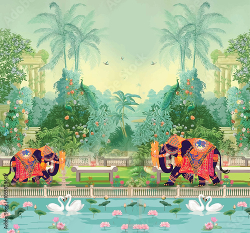 Mughal decorative garden with elephant and peacock wedding invitation frame illustration