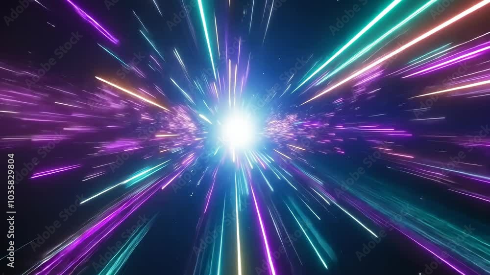 A glowing white light surrounded by streaks of cyan and purple light in a dark space A glowing white light surrounded by streaks of cyan and purple light in a dark space