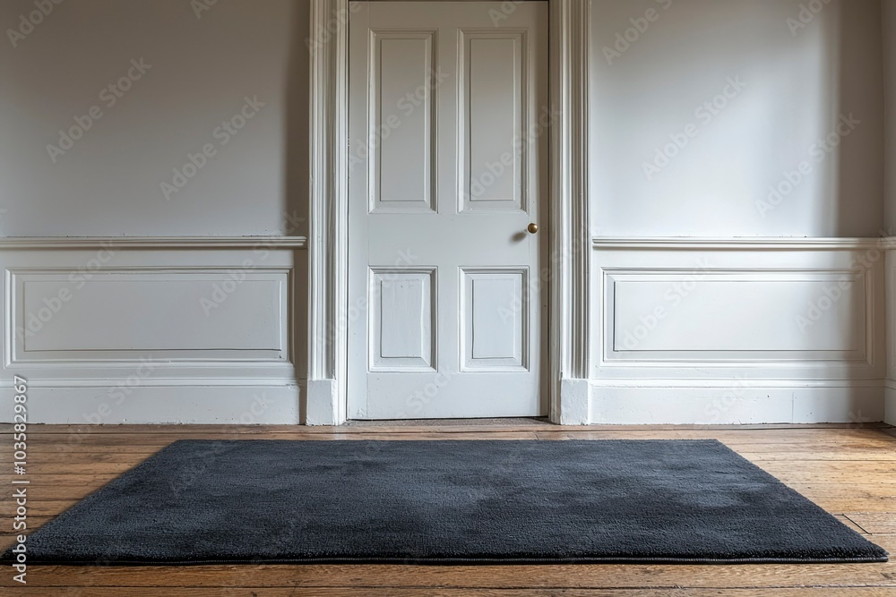 A Dark Gray Rug in Front of a White Door in a Room with White Paneled Walls and Wood Floors A Dark Gray Rug in Front of a White Door in a Room with White Paneled Walls and Wood Floors