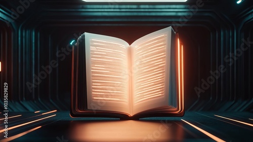 Holographic time-travel manual, glowing pages, futuristic room photo