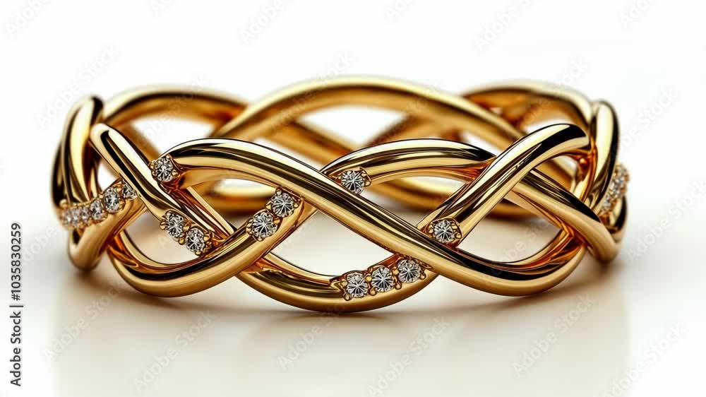A braided gold ring with diamonds sits on a white surface A braided gold ring with diamonds sits on a white surface