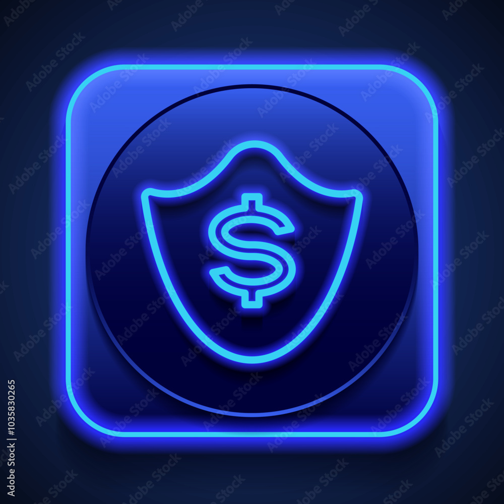 Protection, dollar simple icon vector. Flat design. Blue neon style on button. With shadow Protection, dollar simple icon vector. Flat design. Blue neon style on button. With shadow