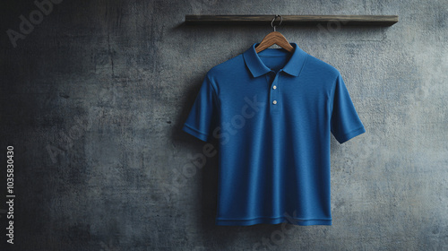 blue polo shirt on a wooden hanger against a concrete wall