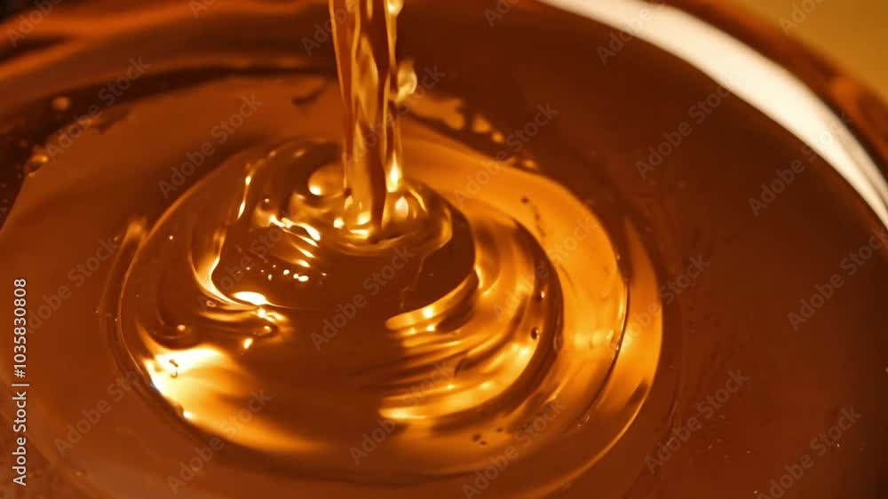 Golden syrup pours from above, creating concentric circles in a bowl, showcasing its rich, smooth texture and amber color Golden syrup pours from above, creating concentric circles in a bowl, showcasing its rich, smooth texture and amber color