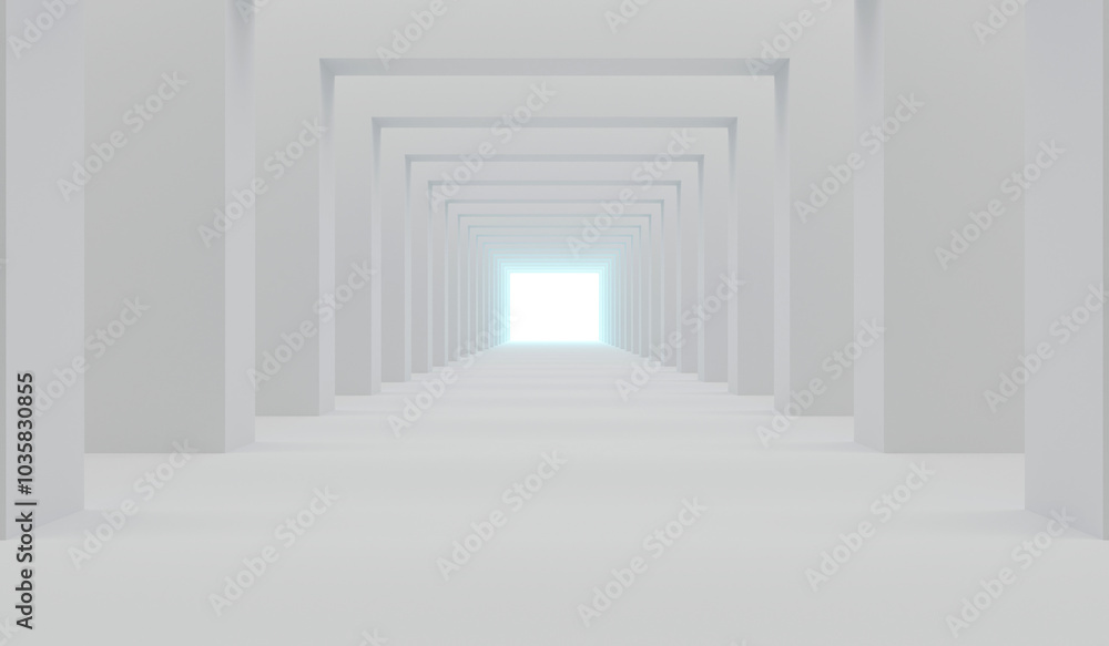 Fototapeta premium Empty corridor with many square arches in perspective view. Abstract architecture. Arch. Interior design. Step forward. Philosophical classic. Illuminated corridor. 3D illustration.