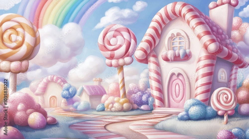 Whimsical candy village with lollipop trees and a rainbow in a dreamy sky, AI Whimsical candy village with lollipop trees and a rainbow in a dreamy sky, AI